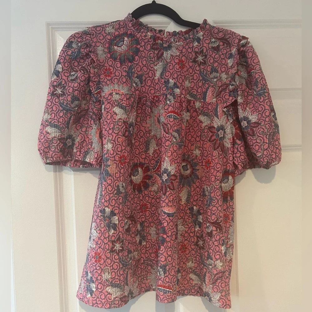 LOFT Pink and Blue Puff Sleeve Blouse